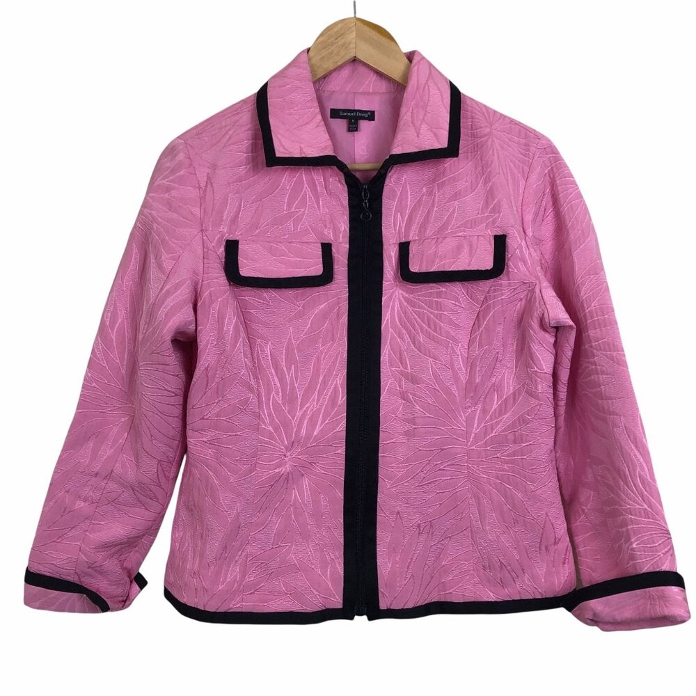 Samuel Dong Pink Jacquard Leaf Jacket Women’s Medium Full Zip Black Trim Vtg Y2K
